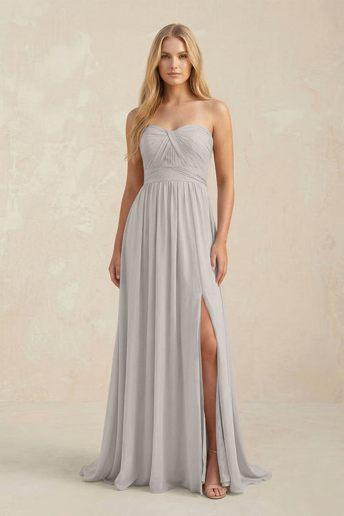 Strapless A - Line Pleated Chiffon Bridesmaid Dress With Slit in Silver - SHE IS ME Bridesmaid Dresses