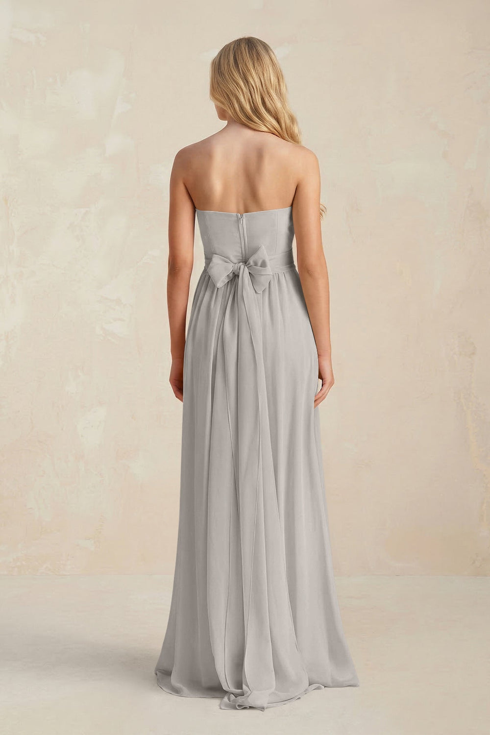 Strapless A - Line Pleated Chiffon Bridesmaid Dress With Slit in Silver - KISS BRIDAL Bridesmaid Dresses