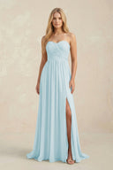 Strapless A - Line Pleated Chiffon Bridesmaid Dress With Slit in Sky Blue - SHE IS ME Bridesmaid Dresses