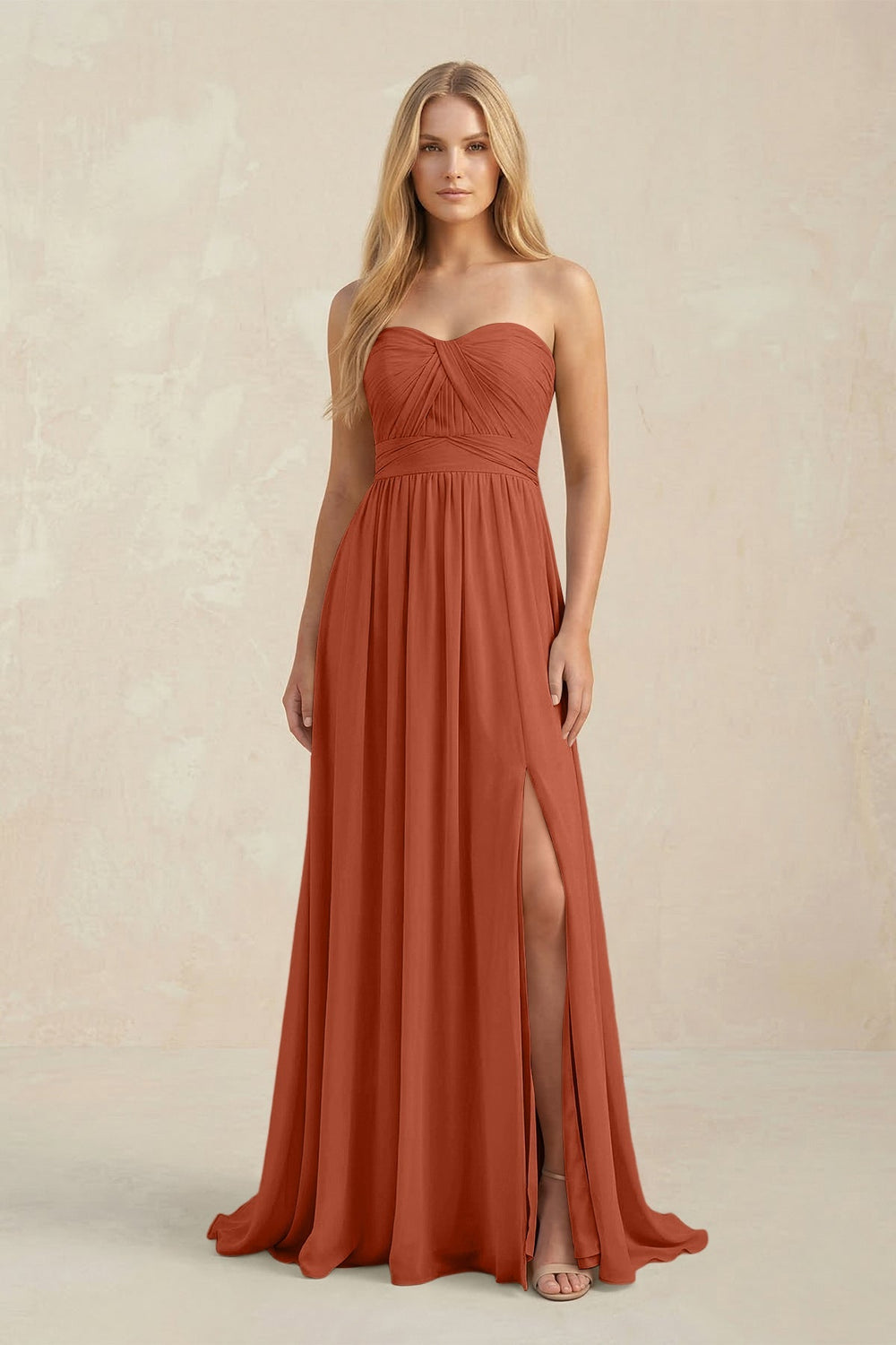 Strapless A - Line Pleated Chiffon Bridesmaid Dress With Slit in Spice - KISS BRIDAL Bridesmaid Dresses