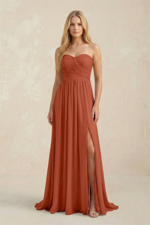 Strapless A - Line Pleated Chiffon Bridesmaid Dress With Slit in Spice - SHE IS ME Bridesmaid Dresses