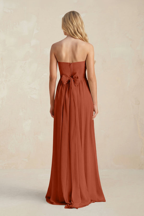 Strapless A - Line Pleated Chiffon Bridesmaid Dress With Slit in Spice - SHE IS ME Bridesmaid Dresses