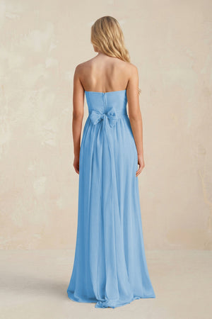 Strapless A - Line Pleated Chiffon Bridesmaid Dress With Slit in Steel Blue - SHE IS ME Bridesmaid Dresses