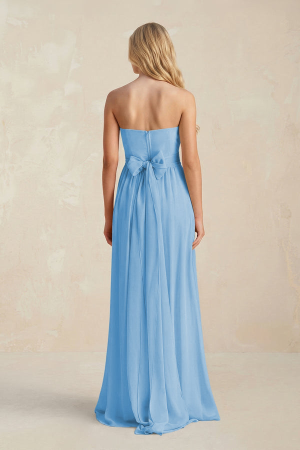 Strapless A - Line Pleated Chiffon Bridesmaid Dress With Slit in Steel Blue - SHE IS ME Bridesmaid Dresses