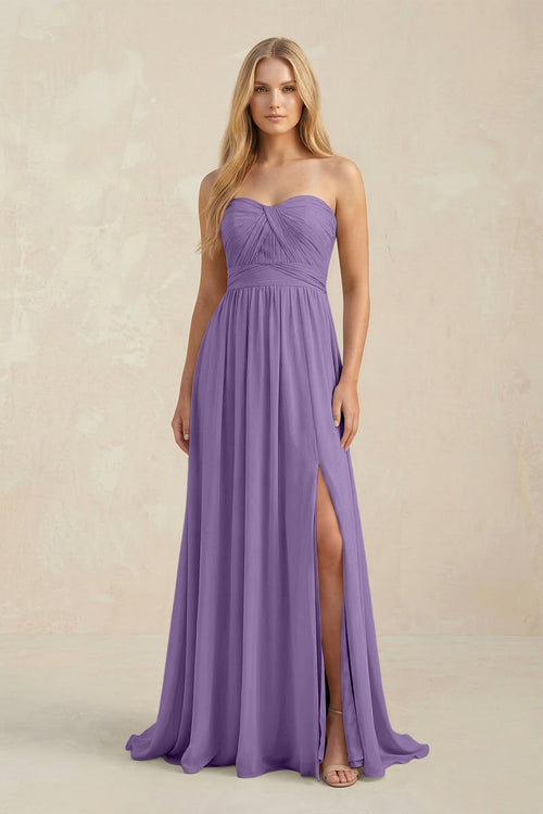 Strapless A - Line Pleated Chiffon Bridesmaid Dress With Slit in Tahiti - SHE IS ME Bridesmaid Dresses