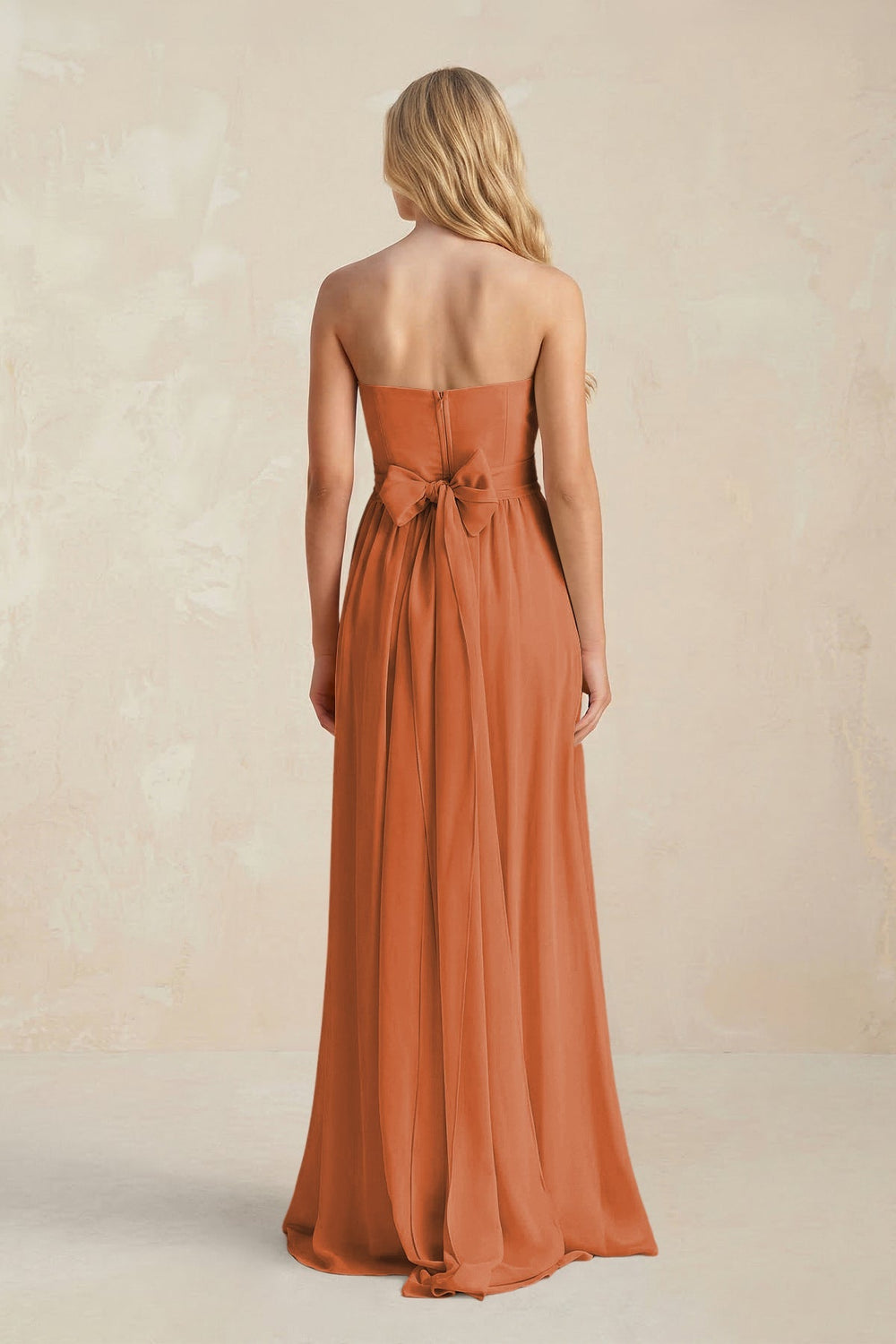 Strapless A - Line Pleated Chiffon Bridesmaid Dress With Slit in Terracotta - KISS BRIDAL Bridesmaid Dresses