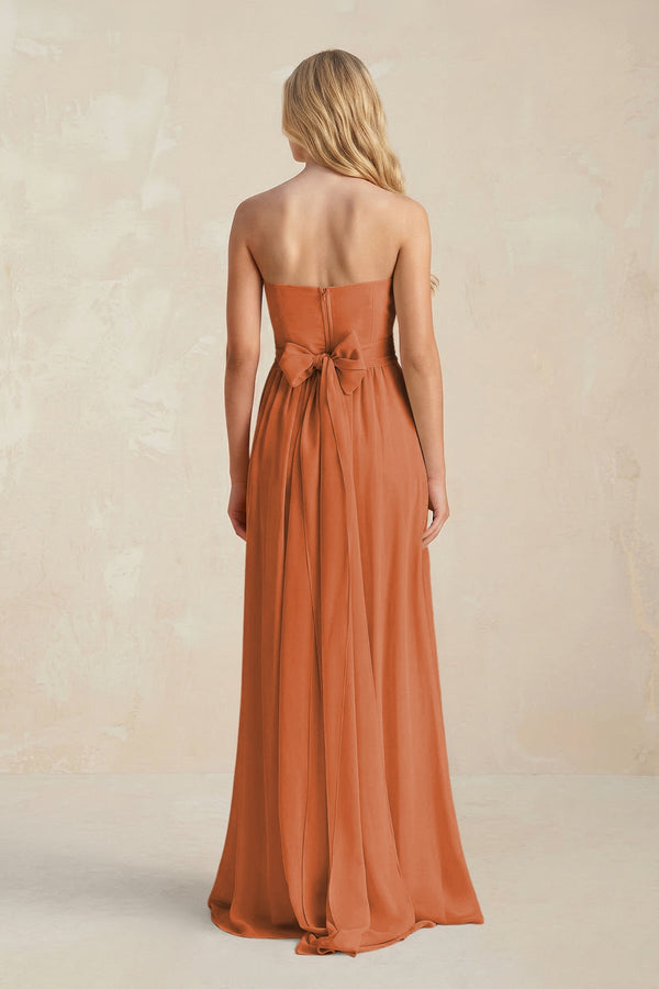 Strapless A - Line Pleated Chiffon Bridesmaid Dress With Slit in Terracotta - SHE IS ME Bridesmaid Dresses