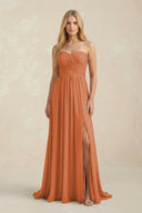 Strapless A - Line Pleated Chiffon Bridesmaid Dress With Slit in Terracotta - SHE IS ME Bridesmaid Dresses