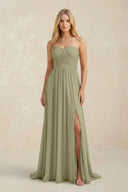 Strapless A - Line Pleated Chiffon Bridesmaid Dress With Slit in Thyme - SHE IS ME Bridesmaid Dresses