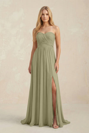 Strapless A - Line Pleated Chiffon Bridesmaid Dress With Slit in Thyme - SHE IS ME Bridesmaid Dresses