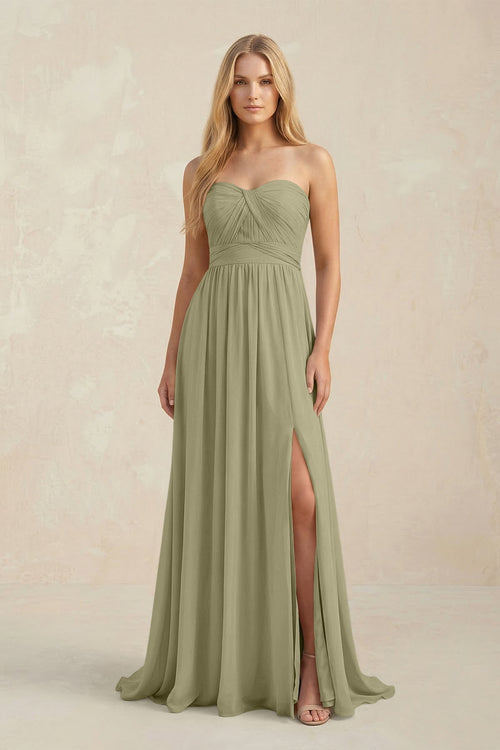 Strapless A - Line Pleated Chiffon Bridesmaid Dress With Slit in Thyme - SHE IS ME Bridesmaid Dresses