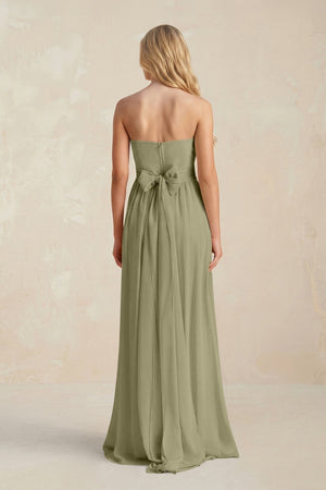 Strapless A - Line Pleated Chiffon Bridesmaid Dress With Slit in Thyme - SHE IS ME Bridesmaid Dresses
