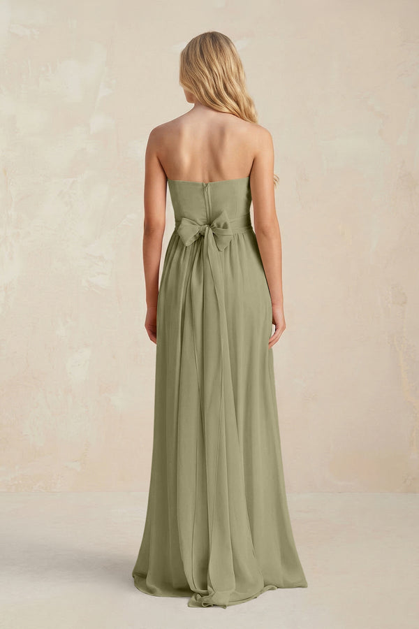 Strapless A - Line Pleated Chiffon Bridesmaid Dress With Slit in Thyme - SHE IS ME Bridesmaid Dresses