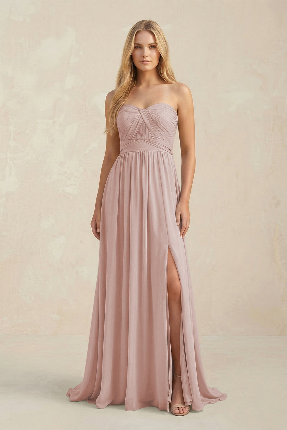 Strapless A - Line Pleated Chiffon Bridesmaid Dress With Slit in Toffee - KISS BRIDAL Bridesmaid Dresses