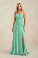 Strapless A - Line Pleated Chiffon Bridesmaid Dress With Slit in Turquoise - SHE IS ME Bridesmaid Dresses