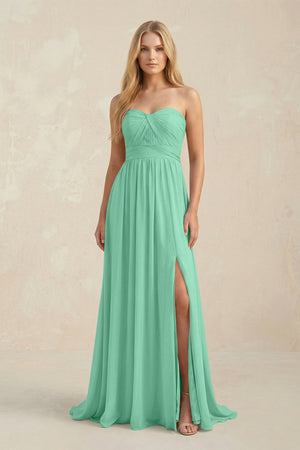 Strapless A - Line Pleated Chiffon Bridesmaid Dress With Slit in Turquoise - SHE IS ME Bridesmaid Dresses