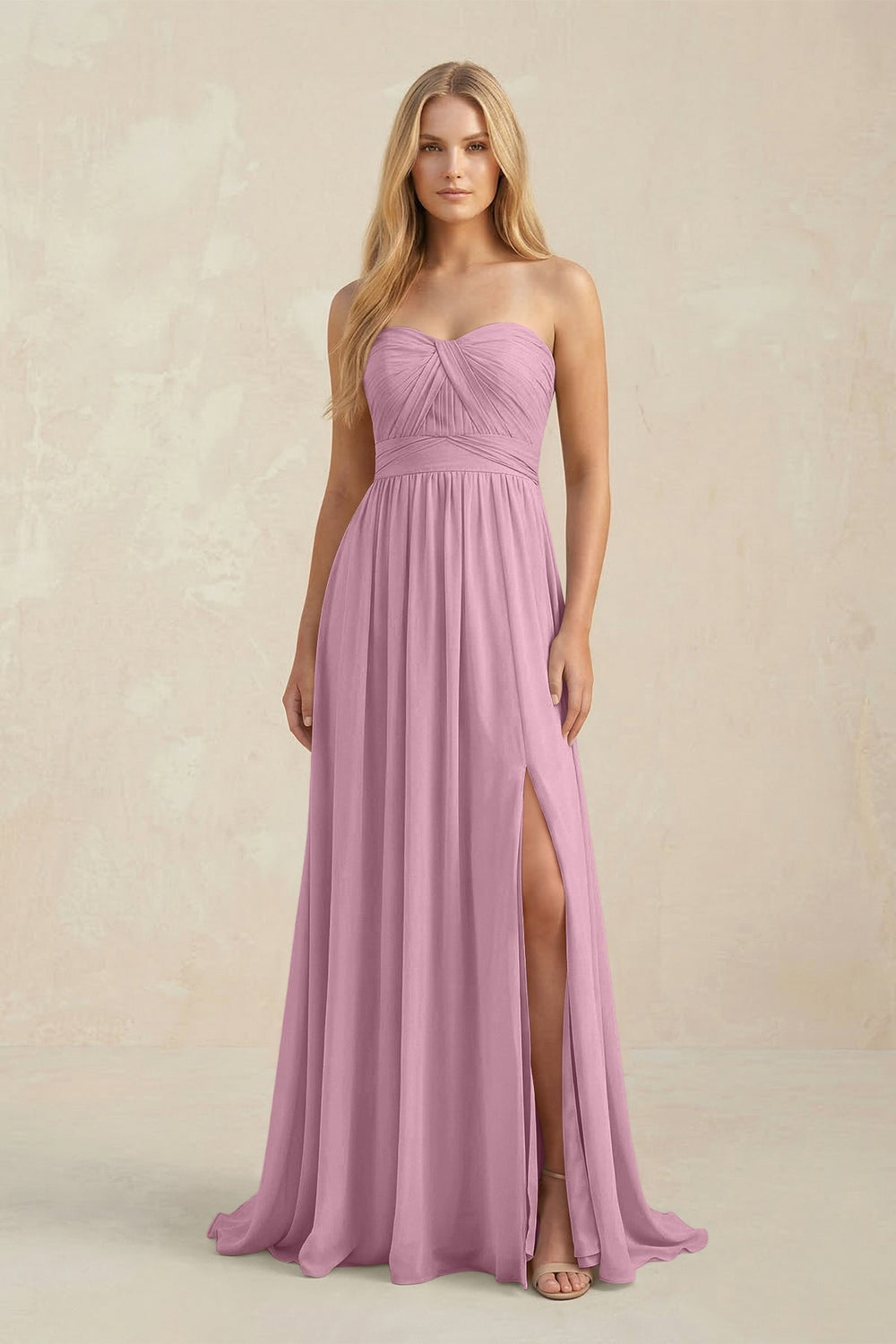 Strapless A - Line Pleated Chiffon Bridesmaid Dress With Slit in Vintage Mauve - KISS BRIDAL Bridesmaid Dresses
