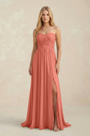 Strapless A - Line Pleated Chiffon Bridesmaid Dress With Slit in Wild Rose - SHE IS ME Bridesmaid Dresses