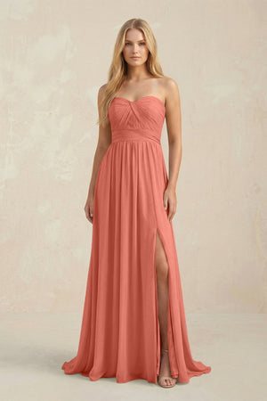 Strapless A - Line Pleated Chiffon Bridesmaid Dress With Slit in Wild Rose - SHE IS ME Bridesmaid Dresses