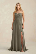 Strapless A - Line Pleated Chiffon Bridesmaid Dress With Slit in Willow Green - SHE IS ME Bridesmaid Dresses