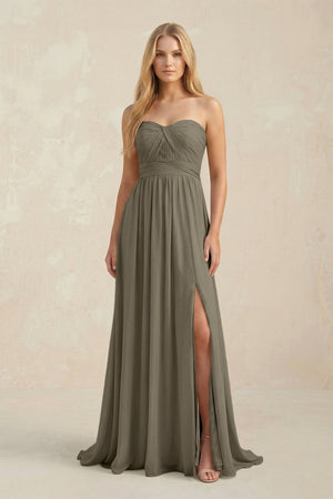 Strapless A - Line Pleated Chiffon Bridesmaid Dress With Slit in Willow Green - SHE IS ME Bridesmaid Dresses