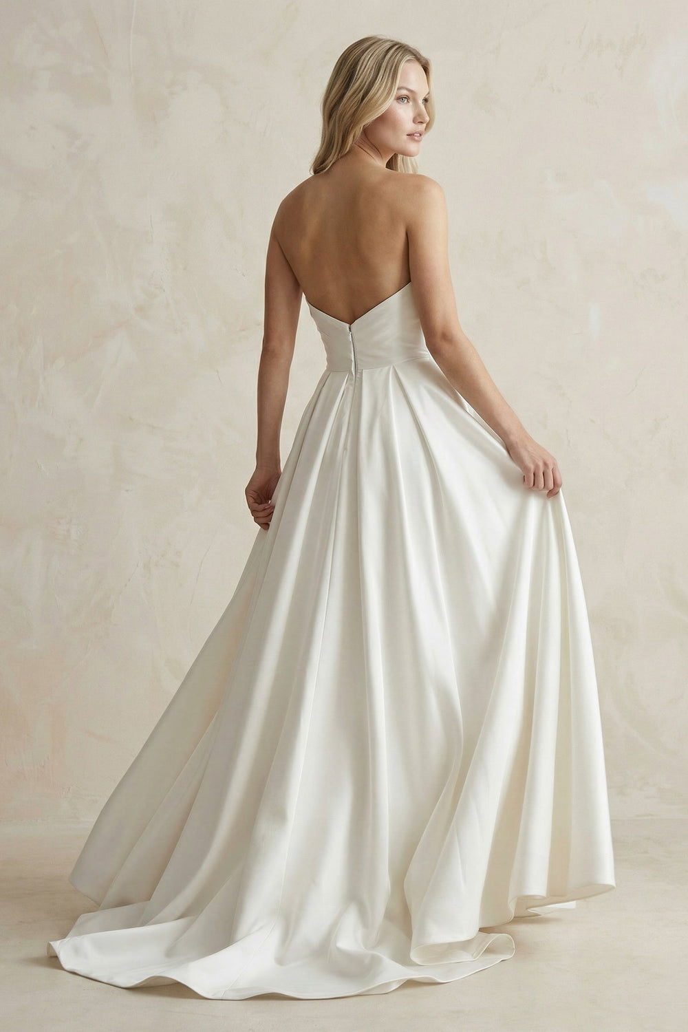 Strapless A - Line Ruched Satin Wedding Dress in White - KISS BRIDAL Wedding Dresses