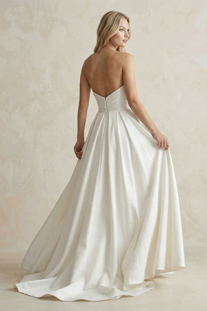 Strapless A - Line Ruched Satin Wedding Dress in White - SHE IS ME Wedding Dresses