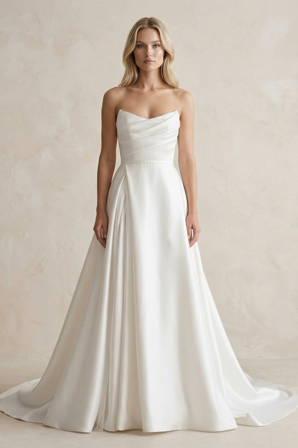 Strapless A - Line Ruched Satin Wedding Dress in White - KISS BRIDAL Wedding Dresses