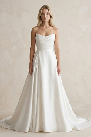Strapless A - Line Ruched Satin Wedding Dress in White - SHE IS ME Wedding Dresses