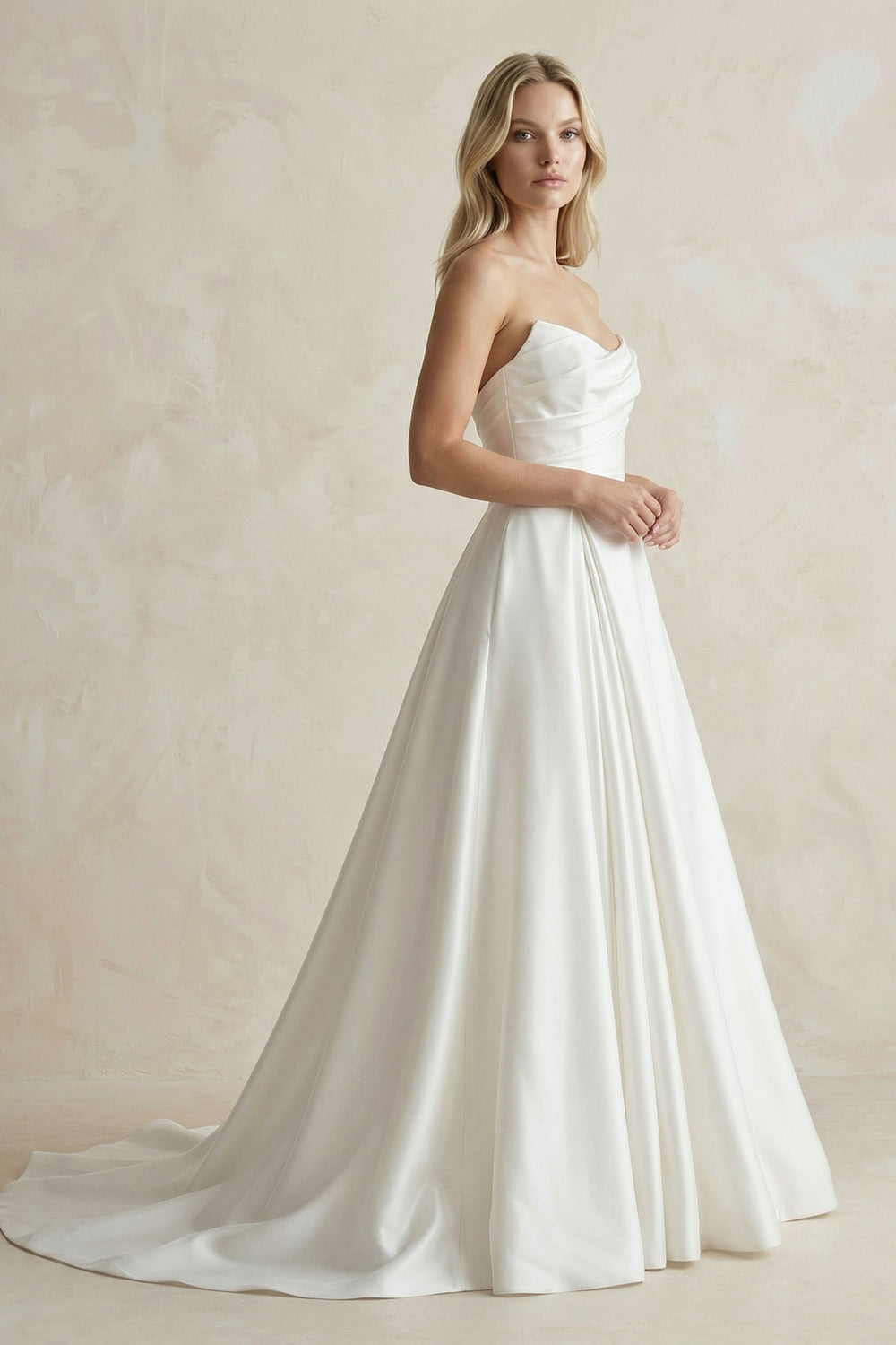 Strapless A - Line Ruched Satin Wedding Dress in White - KISS BRIDAL Wedding Dresses