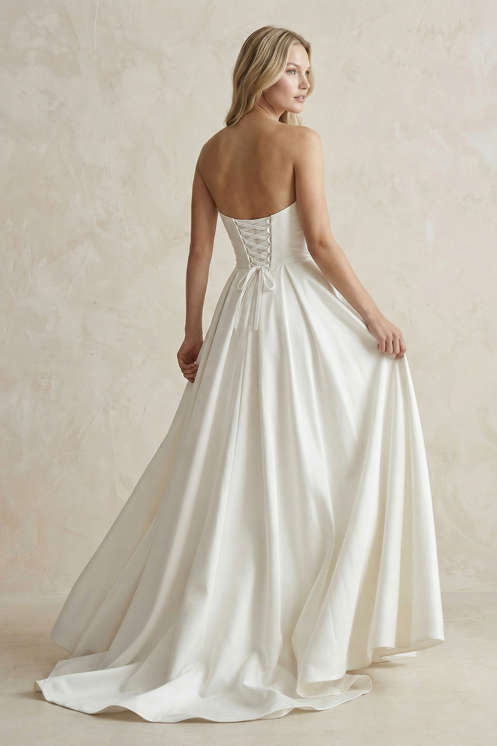 Strapless A - Line Ruched Satin Wedding Dress in White - KISS BRIDAL Wedding Dresses