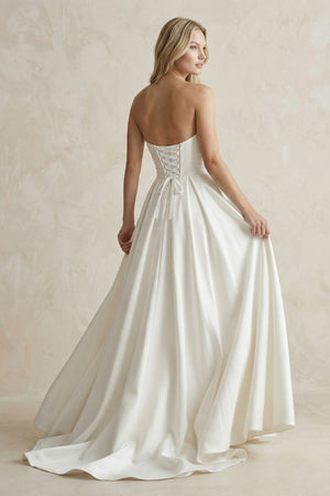 Strapless A - Line Ruched Satin Wedding Dress in White - KISS BRIDAL Wedding Dresses