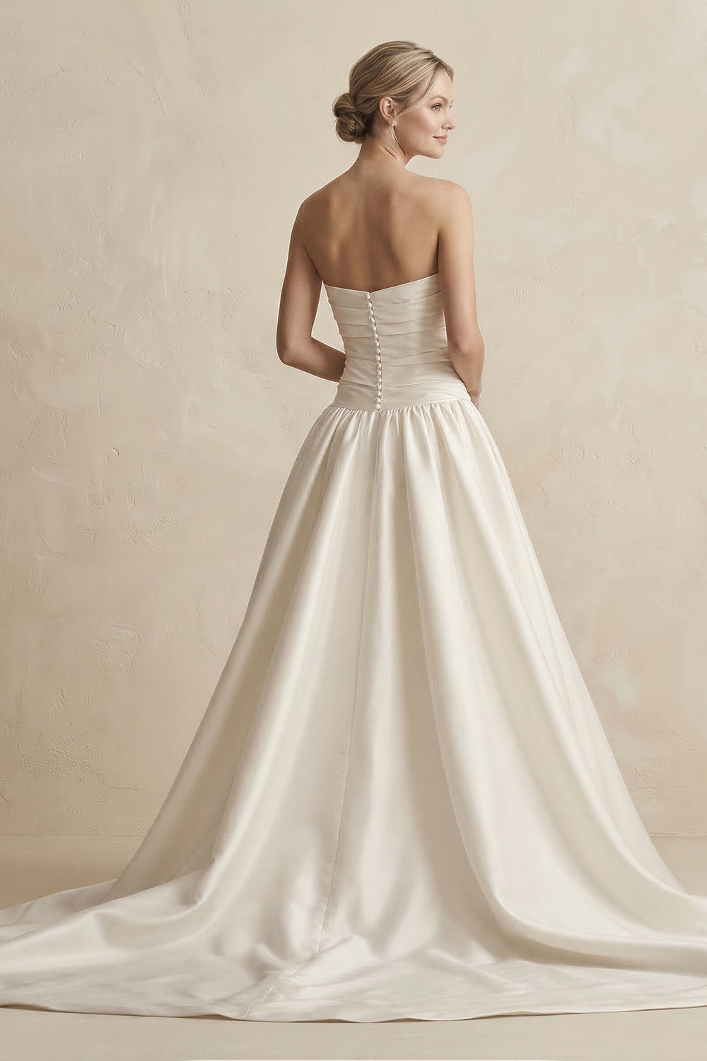 Strapless A - Line Satin Ball Gown Wedding Dress with Slit in Ivory - KISS BRIDAL Wedding Dresses