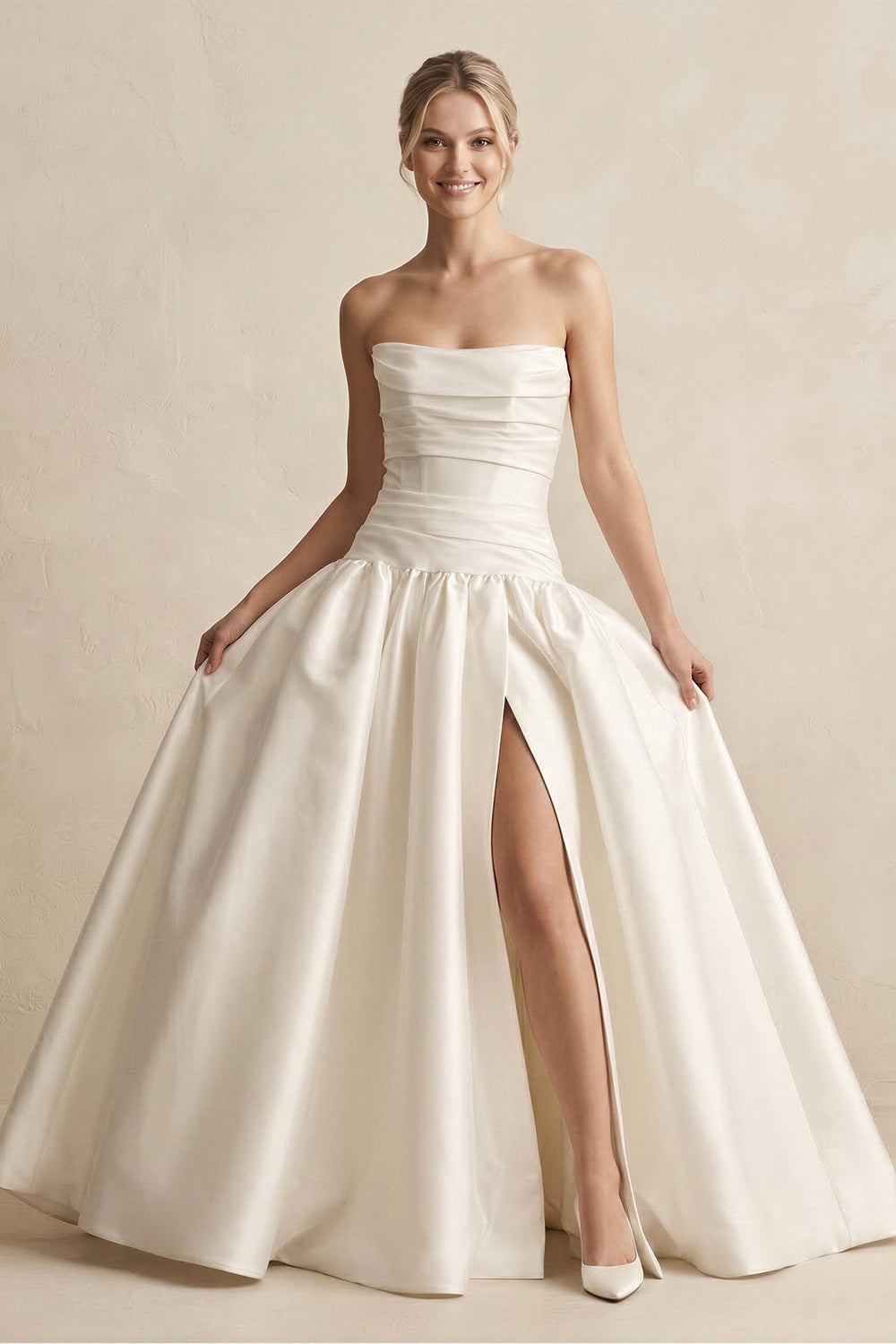 Strapless A - Line Satin Ball Gown Wedding Dress with Slit in Ivory - KISS BRIDAL Wedding Dresses