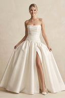 Strapless A - Line Satin Ball Gown Wedding Dress with Slit in Ivory - SHE IS ME Wedding Dresses