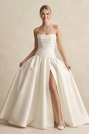 Strapless A - Line Satin Ball Gown Wedding Dress with Slit in Ivory - SHE IS ME Wedding Dresses