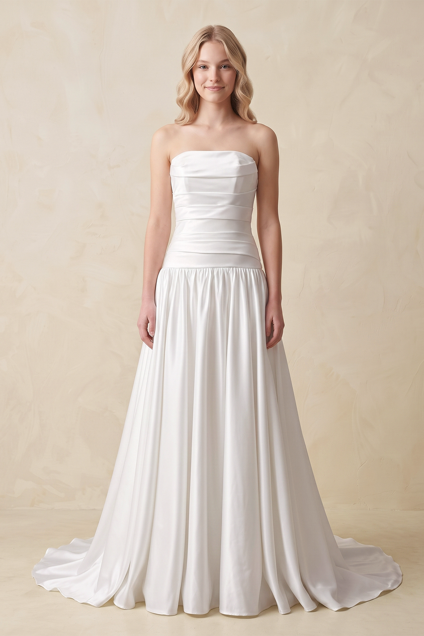 Strapless Satin Ball Gown Wedding Dress with Slit in Ivory