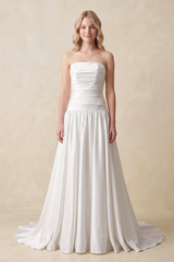 Strapless A - Line Satin Wedding Dress with Slit in Ivory - KissBridal Wedding Dresses