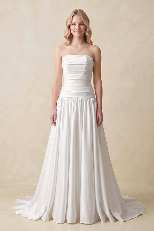 Strapless A - Line Satin Wedding Dress with Slit in Ivory - KissBridal Wedding Dresses