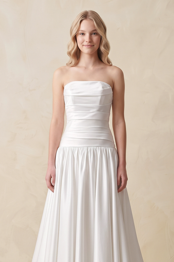 Strapless A - Line Satin Wedding Dress with Slit in Ivory - KissBridal Wedding Dresses