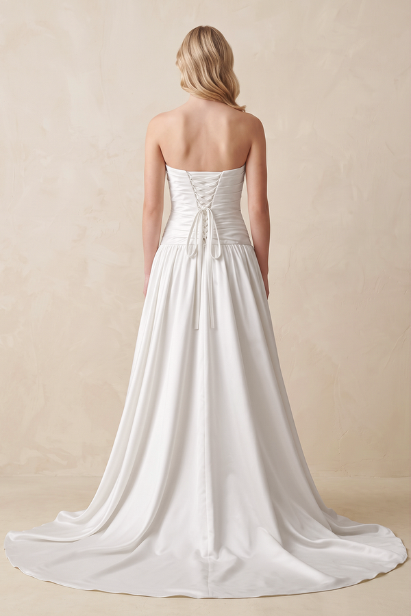 Strapless A - Line Satin Wedding Dress with Slit in Ivory - KissBridal Wedding Dresses