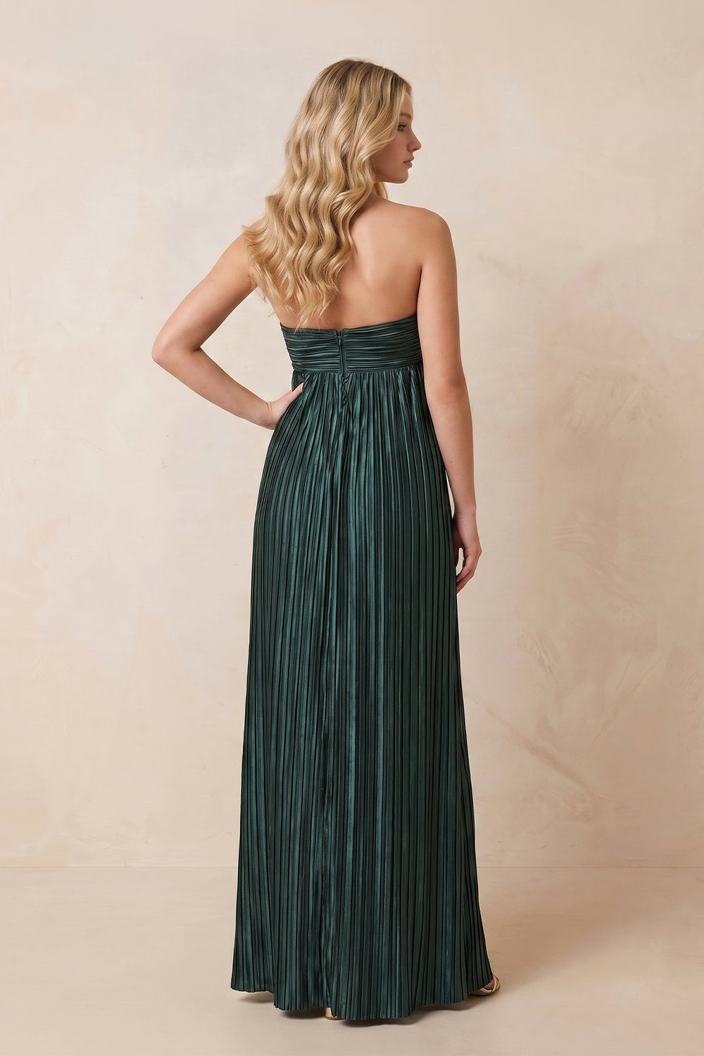 Strapless A - Line Satin Maxi Dress in Dark Green - KISS BRIDAL Dresses