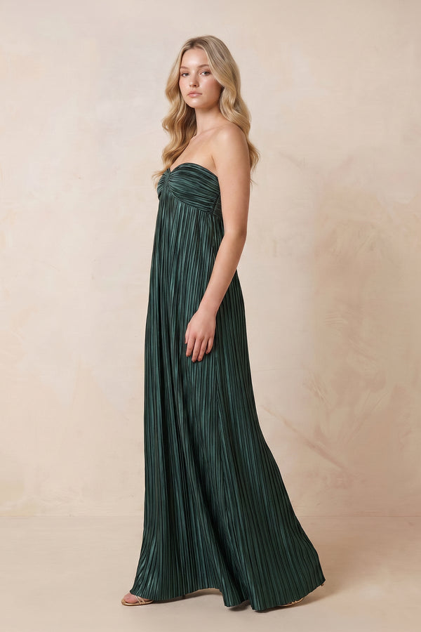 Strapless A - Line Satin Maxi Dress in Dark Green - SHE IS ME Dresses