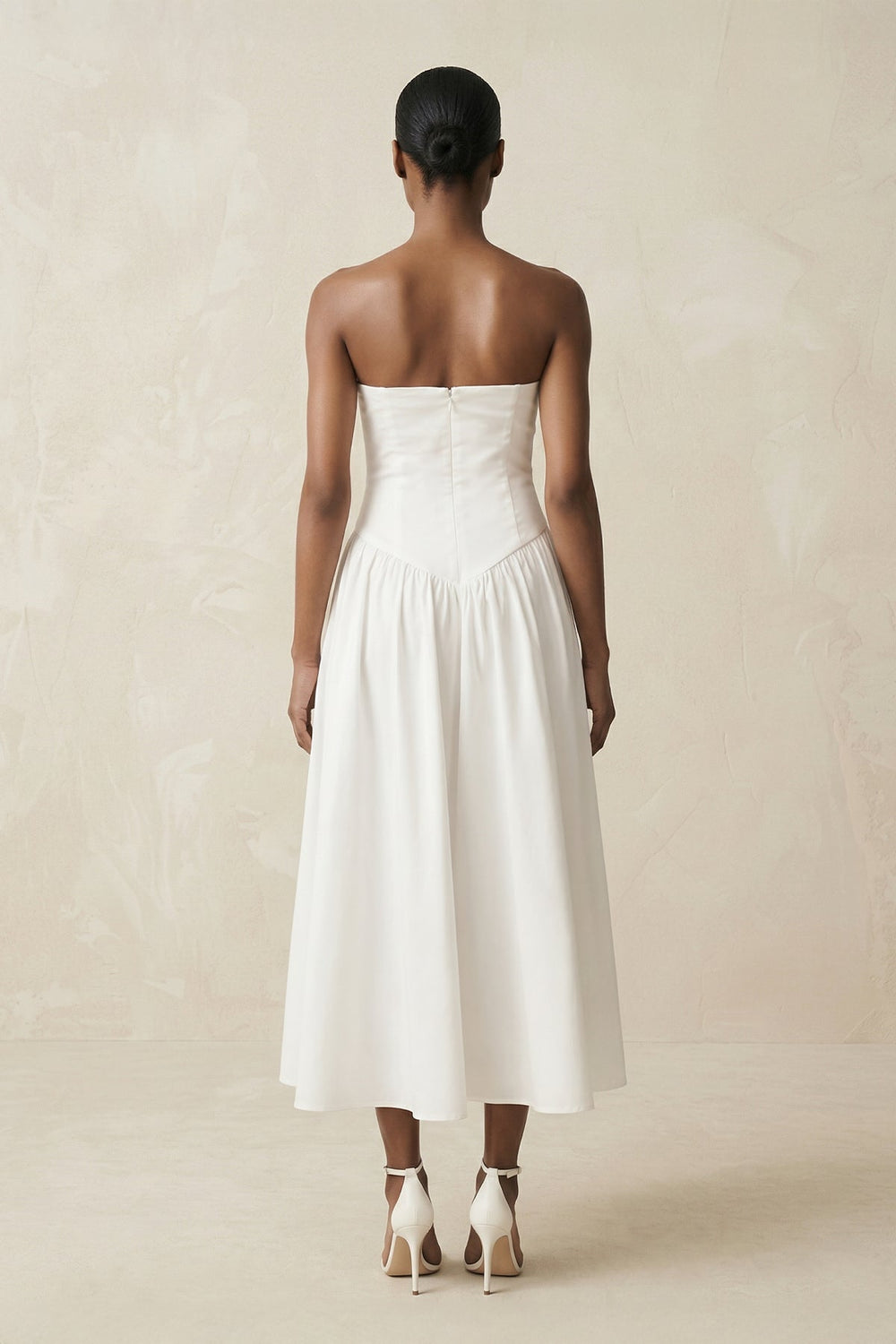 Strapless A - Line Satin Midi Wedding Dress in White - KISS BRIDAL Wedding Dresses