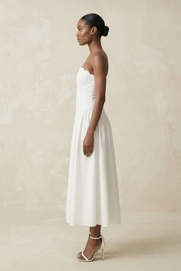 Strapless A - Line Satin Midi Wedding Dress in White - SHE IS ME Wedding Dresses