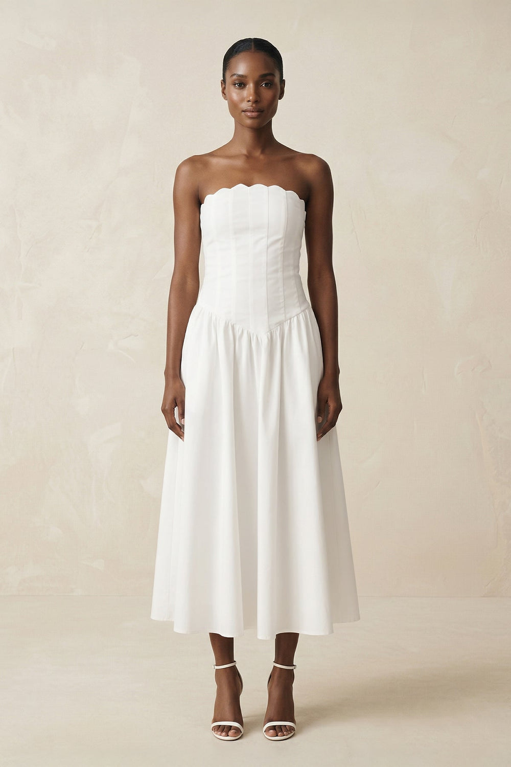 Strapless A - Line Satin Midi Wedding Dress in White - KISS BRIDAL Wedding Dresses