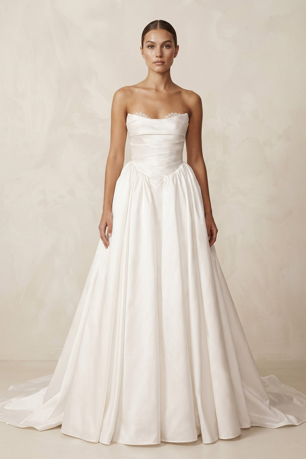 Strapless A - Line Satin Ruched Wedding Dress in Ivory - KISS BRIDAL Wedding Dresses