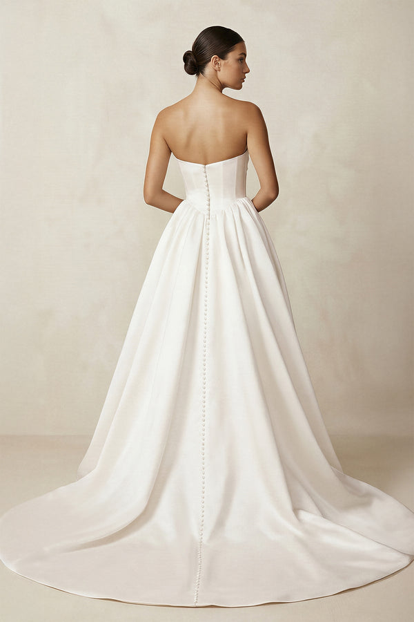 Strapless A - Line Satin Ruched Wedding Dress in Ivory - SHE IS ME Wedding Dresses