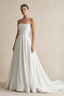 Strapless A - Line Satin Ruched Wedding Dress in White - SHE IS ME Wedding Dresses