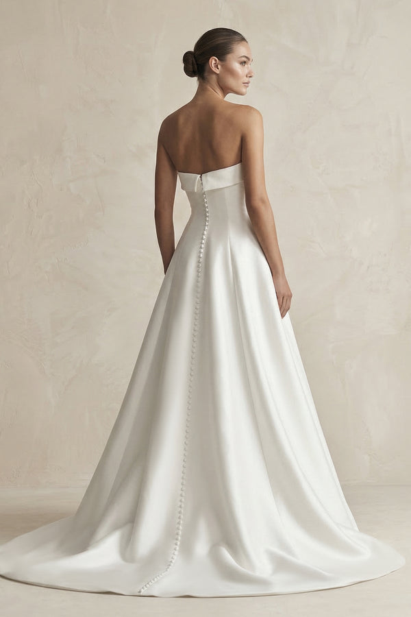 Strapless A - Line Satin Ruched Wedding Dress in White - SHE IS ME Wedding Dresses